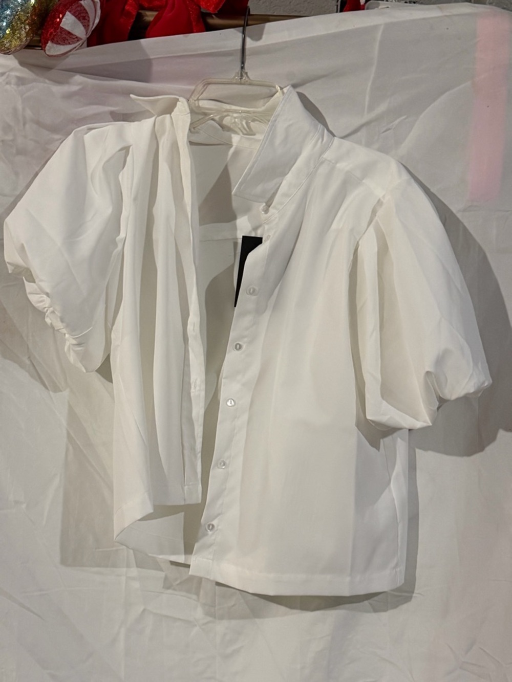 White Short-Sleeve Puff Blouse with Stand Collar